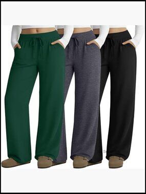 3pk Plus Size Wide Leg Yoga Pants with Pockets Drawstring Jogger